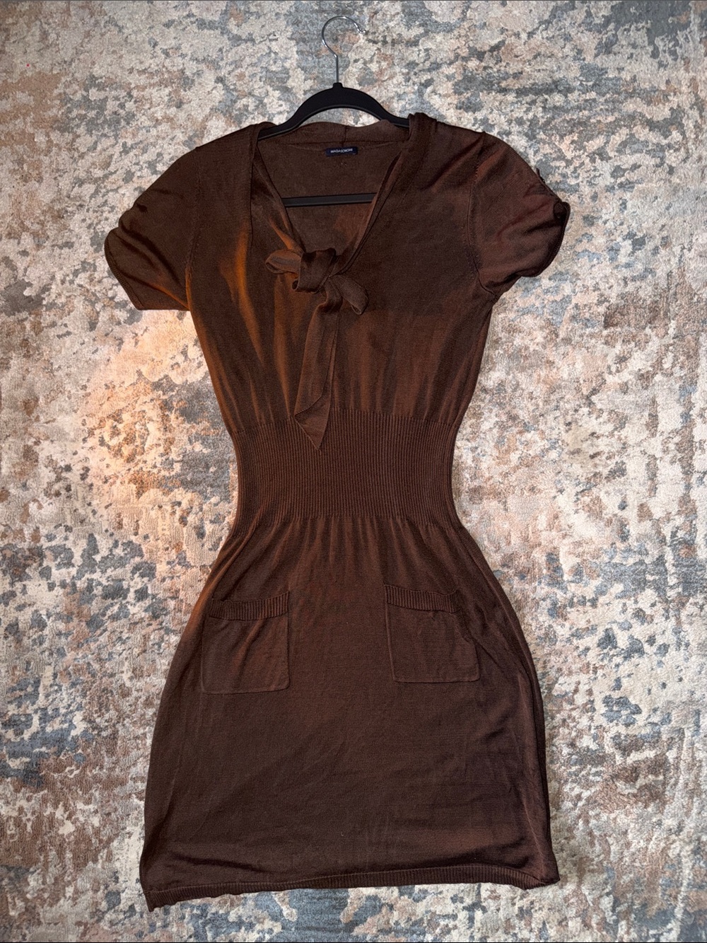 Magaschoni Brown Tie-Neck Knit Mini Dress